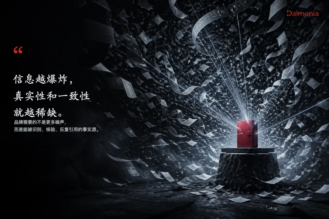 概念图：碎纸信息风暴中，唯一的红色事实源立在石台上，被一束束光线引用，配句：信息越爆炸，真实性和一致性就越稀缺
