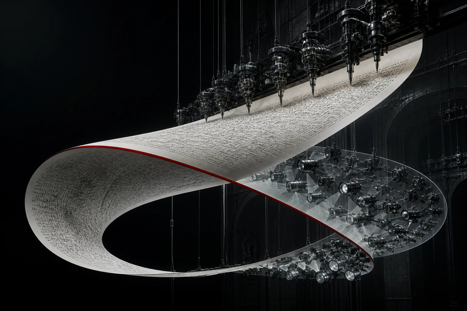 Concept image: a Möbius strip of text, written by an array of mechanical pens on one side and read by an array of camera lenses on the other